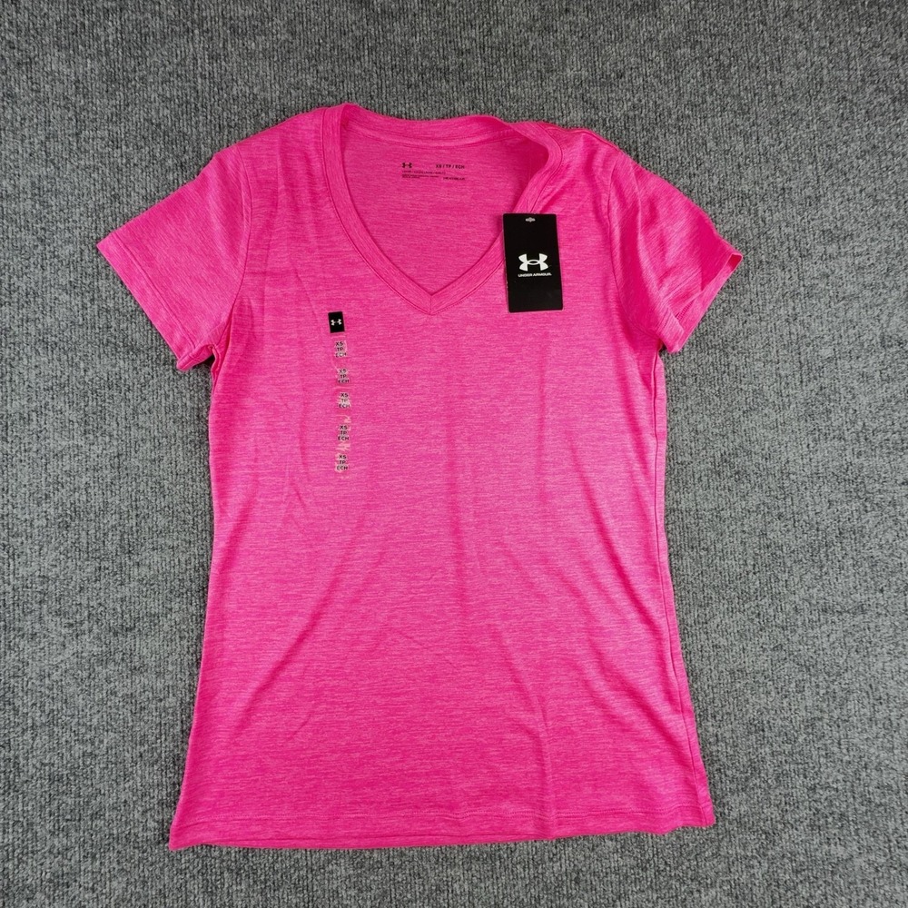 Under Armour Shirt Womens XS Pink HeatGear Tech SSV Twist V Neck Short Sleeve
